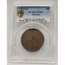 AUSTRALIA 1925 . ONE 1 PENNY . PCGS VF35